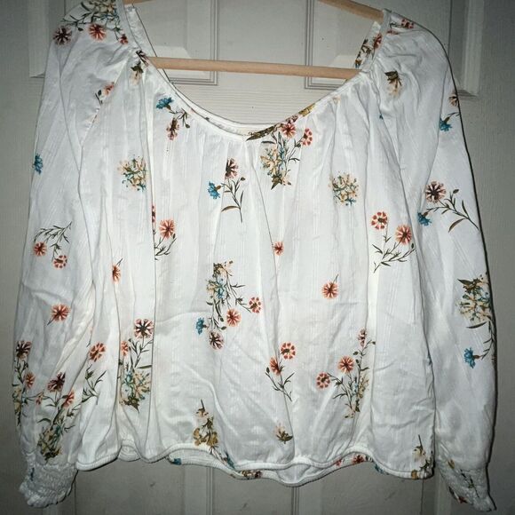 Ana A New‎ Approach Crop Blouse Top Sz L Wild Flowers 100% Cotton LS Nature EUC - Picture 2 of 8